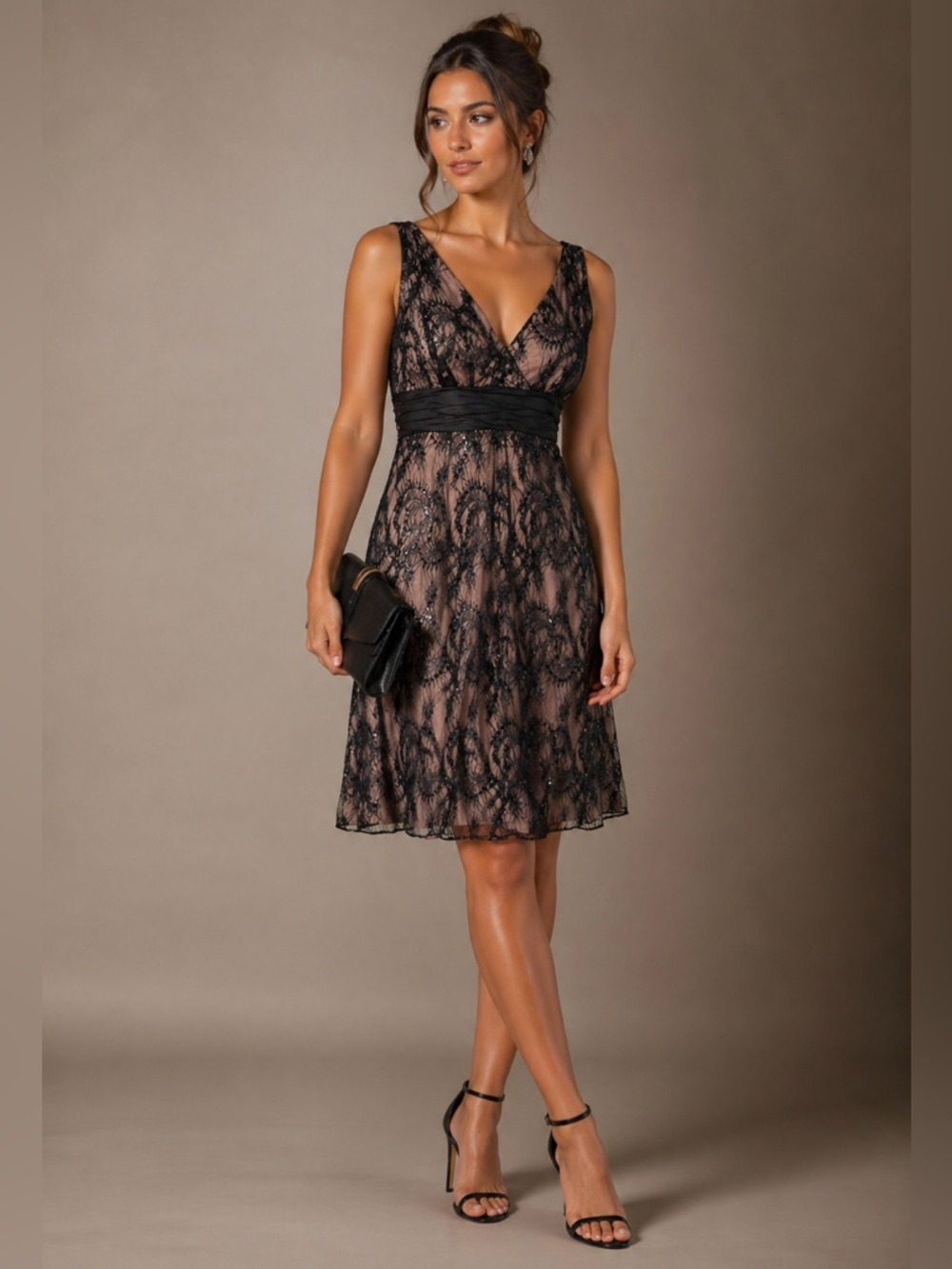 Jones New York Fit & Flare Lace Sequin Dress Size 6 Black Nude